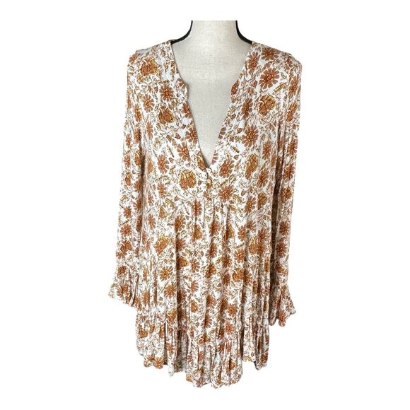 Free People Dresses & Skirts - Free People S Ivory Brown Floral Olivia Jersey Knit Tunic Top Dress Size Small